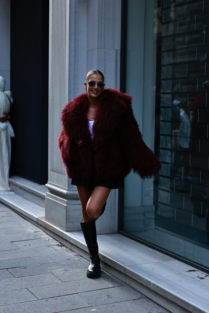 Mongolian burgundy fur coat