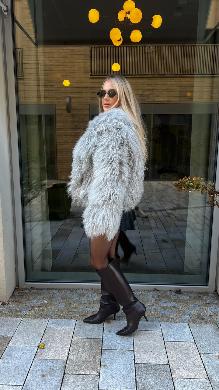Mongolian fur coat light grey