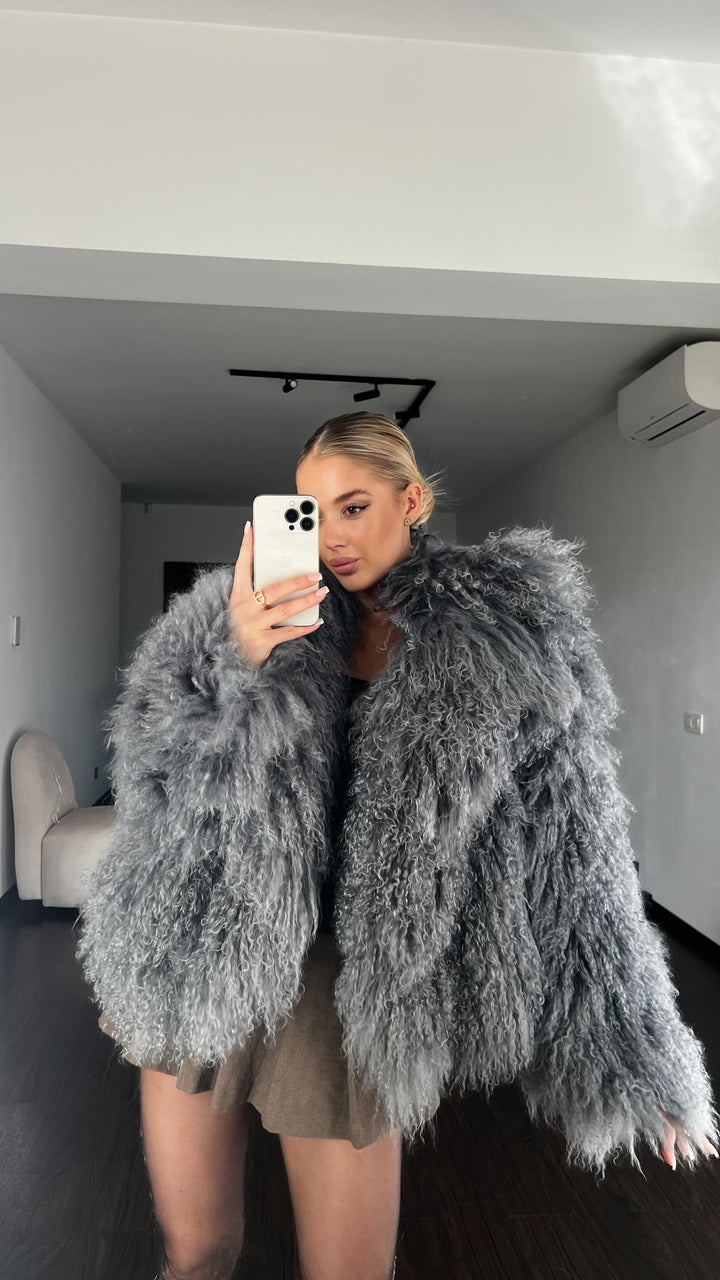 Mongolian steel grey fur coat 