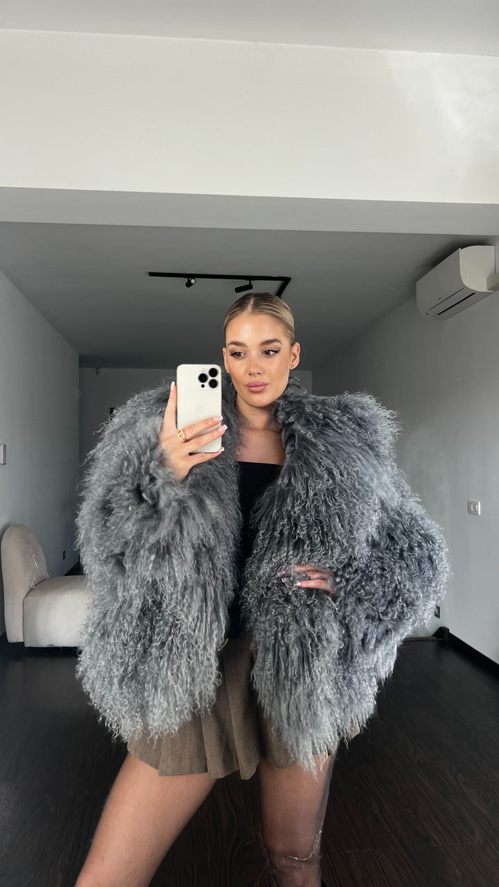 Mongolian steel grey fur coat 