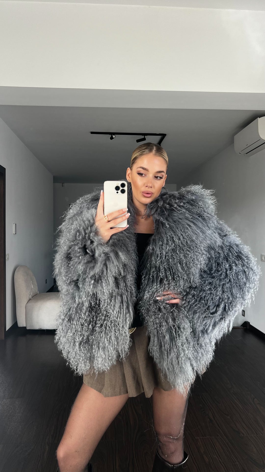 Mongolian steel grey fur coat 