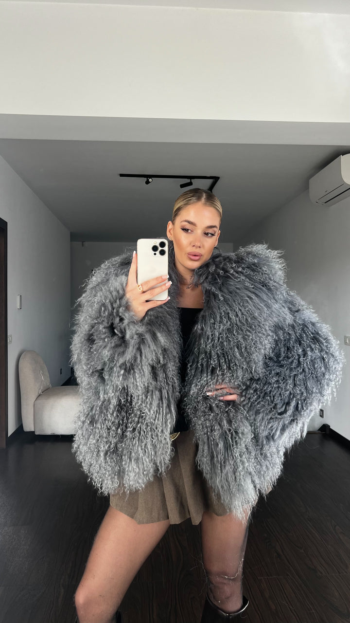Mongolian steel grey fur coat 